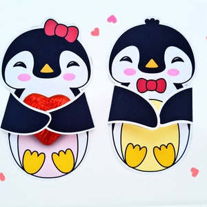 Titular de dulces en el aula, Titular de dulces de pingüino, Tarjeta trasera de caramelo, Titular de regalo, Titular de bolígrafo, Titular de dulces, Pingüino de San Valentín, Titular de golosinas