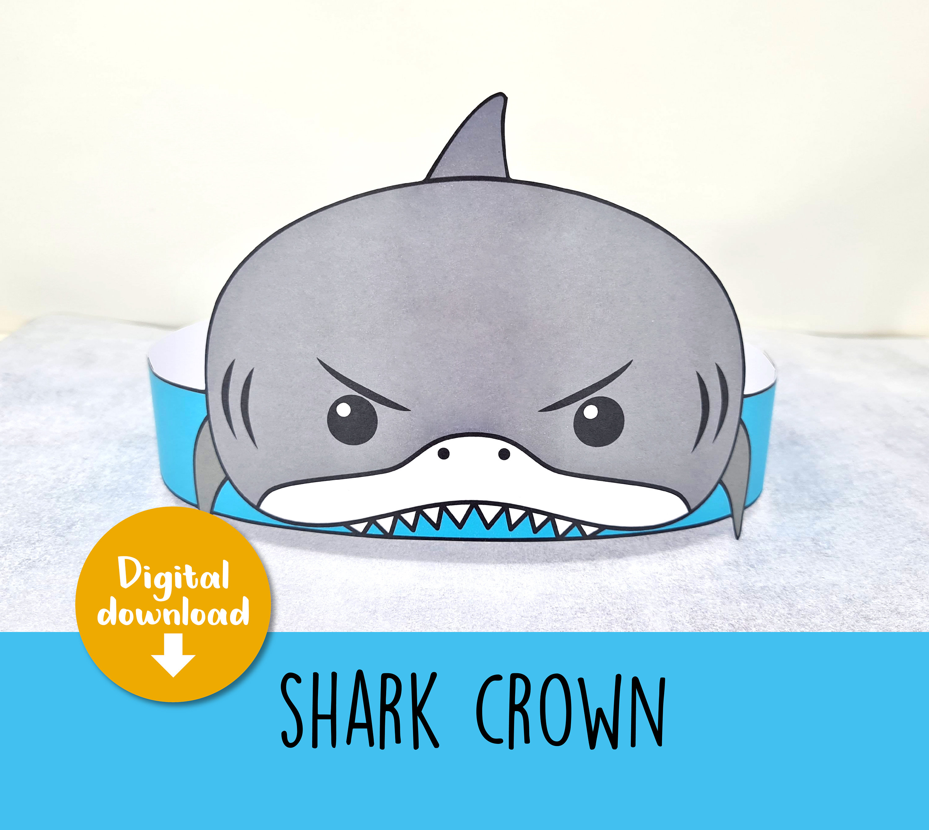 Shark crown, Shark paper hat for kids, printable birthday crown, party headband, printable Shark, Shark crown, Shark mask, Printable crown