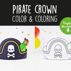 Pirate paper crown, Coloring pirate crown, birthday crown, Digital download, printable pirate mask, pirate crown, pirate mask, coloring