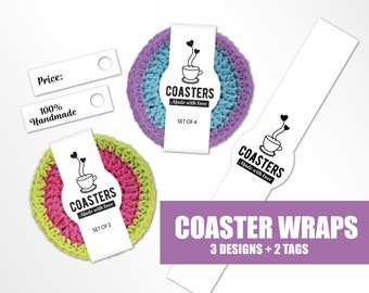 Printable Wrap tags for coasters, Coaster wrap tags, Coaster wraps, BUNDLE, packaging for handmade, Coaster Tags, Mug Rugs, Wrap labels