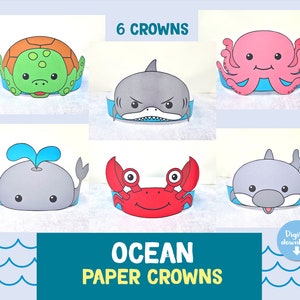 Corone di carta per animali oceanici, corone di animali oceanici, corona di compleanno, download digitale, corone oceaniche, balena, delfino, squalo, tartaruga, polpo, granchio