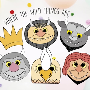 May include: Five colorful masks from the book "Where the Wild Things Are". The masks are of Max, the Wild Thing with a crown, the Wild Thing with horns, the Wild Thing with a beak, and the Wild Thing with red hair.