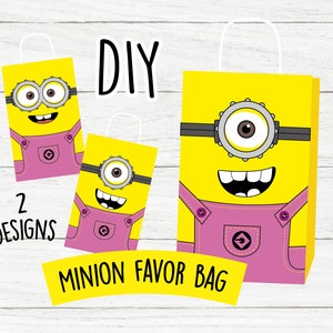 Pink Minion treat bag, Minion party decorations, Minion birthday, Kids minion party, Printable minion, favor boxes, DIY minion candy bag