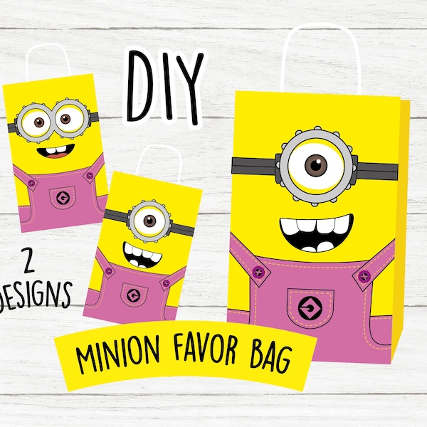 Pink Minion treat bag, Minion party decorations, Minion birthday, Kids minion party, Printable minion, favor boxes, DIY minion candy bag