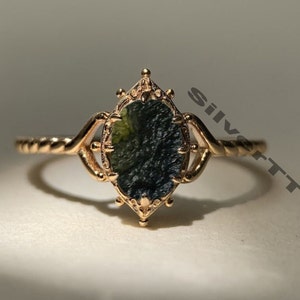 Genuine Moldavite ,Moldavite Ring, Natural Moldavite Ring, Sterling Silver, Raw Moldavite Statement Ring, Genuine Round Moldavite