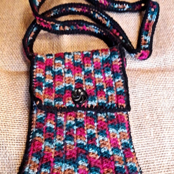 Crochet Granny, sac bandoulière petite besace fait main laine multicolore bordeaux, ocre, bleu et noir