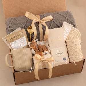 Hygge Gift Box for Her, Self Care, Birthday Get Well Candle Tea Chocolate GrayBlanketBeige