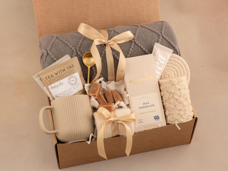 Hygge Gift Box for Her, Self Care, Birthday Get Well Candle Tea Chocolate GrayBlanketBeige