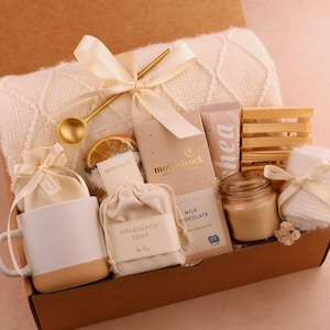 Sending Healing Vibes Gift Box For Women, Succulent, Socks, Candle, Get Well Gift For Her, Thinking Of You Gift, Gift Basket With Blanket Spa Classy Ivory