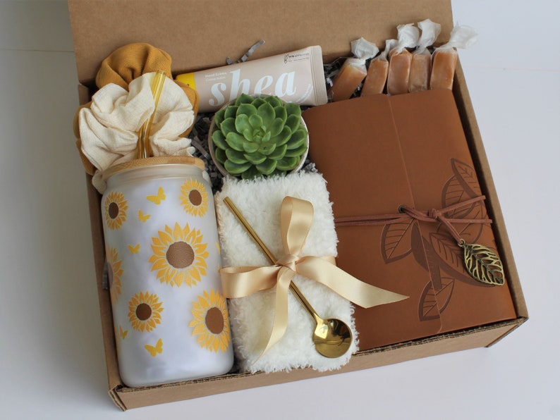 Self Care Gift Box, Sending Hugs Gift Box, Care Package For Her, Care Package Friend, Tea Gift Box, Cheer Up Gift Box, Thinking Of You Sunflower Glass