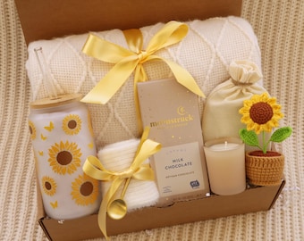 Sunflower Gift Basket for Women, Cozy Care Package, Birthday Gift Box