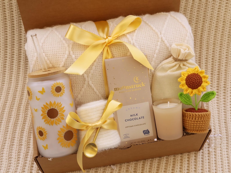 Hygge Gift Box for Her, Self Care, Birthday Get Well Candle Tea Chocolate SunflowerBlanket