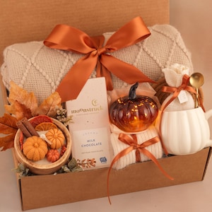 Hug in a Box, Comfort Care Package for Women, Cozy Gift Basket OrangePumpkin Glass