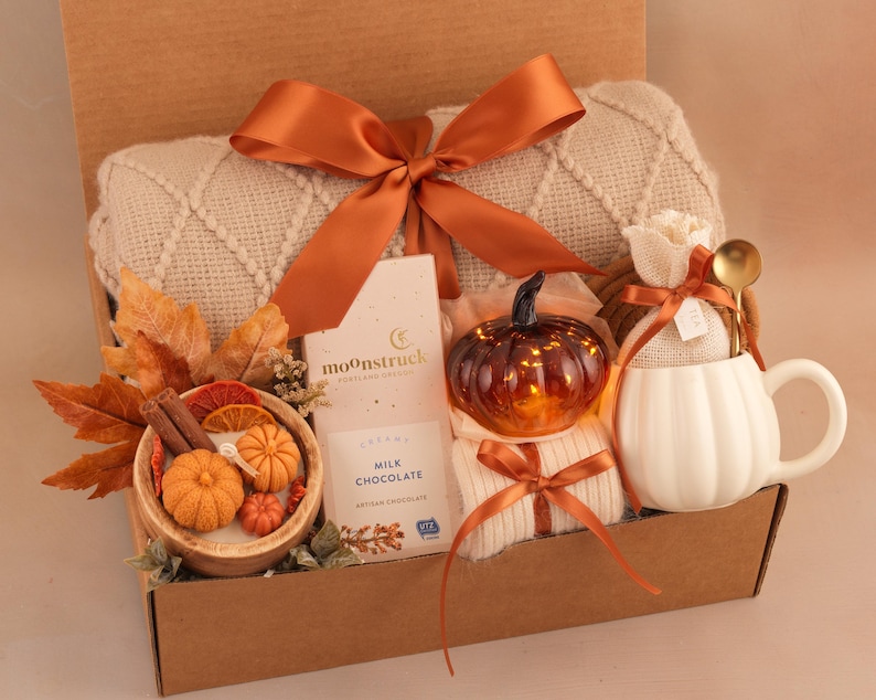 Hug in a Box, Comfort Care Package for Women, Cozy Gift Basket OrangePumpkin Glass