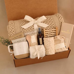 Hygge Gift Box for Her, Self Care, Birthday Get Well Candle Tea Chocolate WhitePilarFlowrCandl