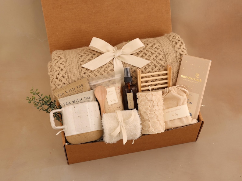 Hygge Gift Box for Her, Self Care, Birthday Get Well Candle Tea Chocolate WhitePilarFlowrCandl