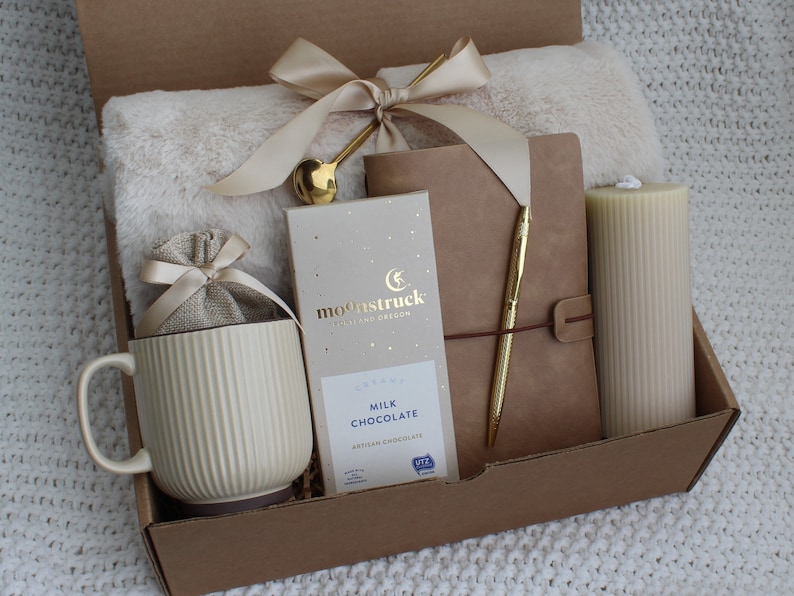 Cozy Hygge Gift Box, Fall Gift Box, Holiday Gifts, Gift Set For Her Mom, Miss You, Sending A Hug, Gift For Colleagues, Self Care Gift Box RibCandleBeigeMug