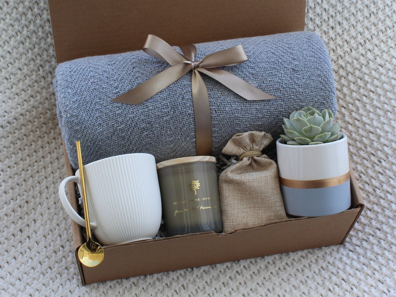 Hygge Gift Box with Blanket, Sending a hug, Thinking of you, Sympathy gift Basket, Bereavement, Encouragement gift, Thank You BlanketGoldSucculent