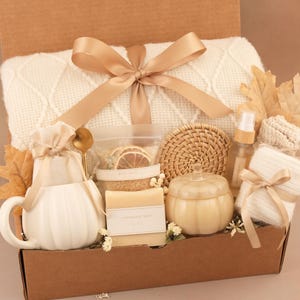Hug in a Box, Comfort Care Package for Women, Cozy Gift Basket FallBeigeGlassCandle