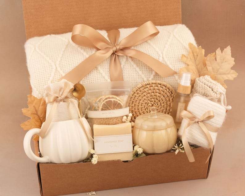Hug in a Box, Comfort Care Package for Women, Cozy Gift Basket FallBeigeGlassCandle
