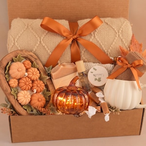 Hug in a Box, Comfort Care Package for Women, Cozy Gift Basket Orange PumpkinsGlass