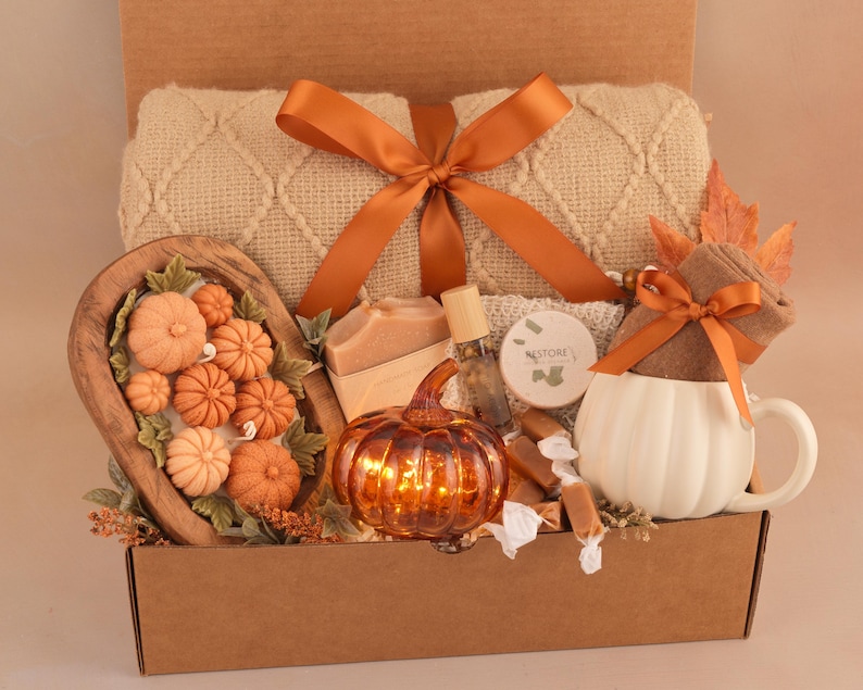 Hug in a Box, Comfort Care Package for Women, Cozy Gift Basket Orange PumpkinsGlass