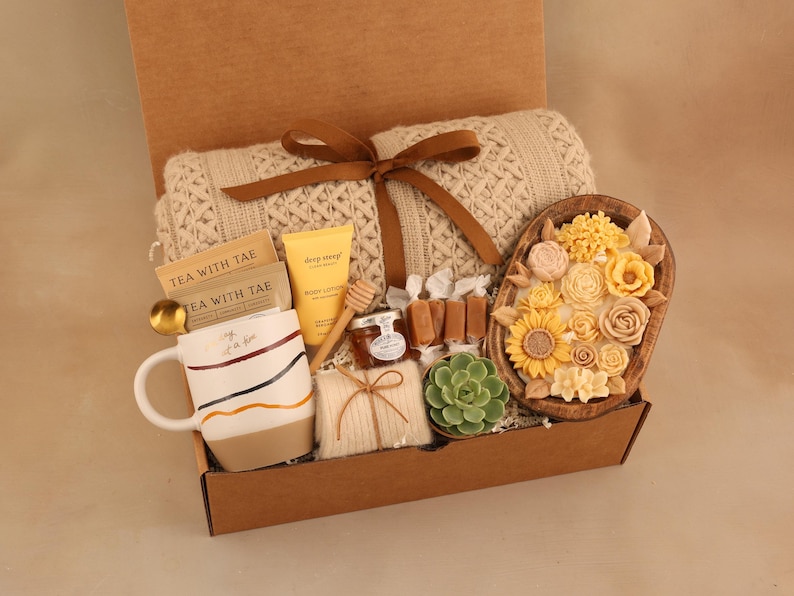 Hygge Gift Box for Her, Self Care, Birthday Get Well Candle Tea Chocolate OneDayWoodCandle