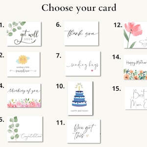 May include: A selection of greeting cards with various messages and designs. The cards include phrases like "Get Well Soon," "Thank You," "Happy Mother's Day," and "Best Mom Ever." Each card features unique watercolor illustrations and calligraphy.