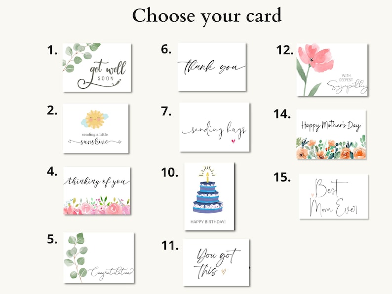 May include: A selection of greeting cards with various messages and designs. The cards include phrases like "Get Well Soon," "Thank You," "Happy Mother's Day," and "Best Mom Ever." Each card features unique watercolor illustrations and calligraphy.