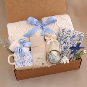 Hygge Gift Box for Her, Self Care, Birthday Get Well Candle Tea Chocolate Blue Toile Journal