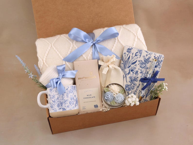 Hygge Gift Box for Her, Self Care, Birthday Get Well Candle Tea Chocolate Blue Toile Journal