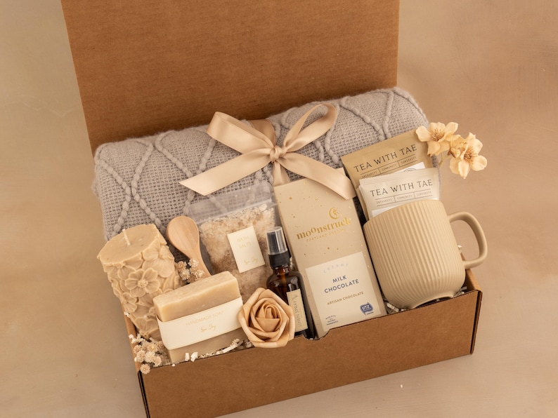 Hygge Gift Box for Her, Self Care, Birthday Get Well Candle Tea Chocolate GrayBlanktBeigeSpa