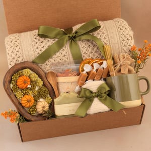 Hug in a Box, Comfort Care Package for Women, Cozy Gift Basket Fall Olive Mug