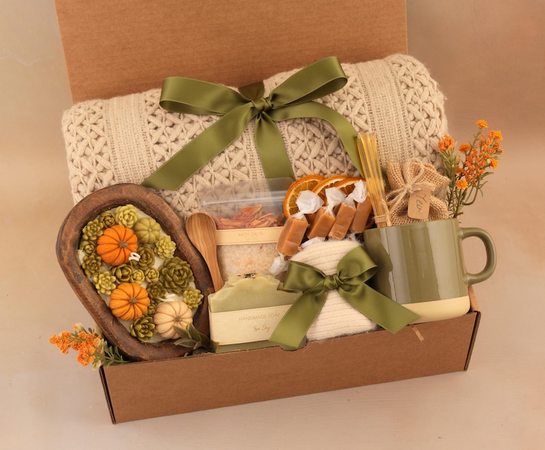 Hug in a Box, Comfort Care Package for Women, Cozy Gift Basket Fall Olive Mug