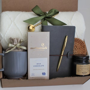Thinking Of You Gift, Self Care Gift Box, Hygge Gift Box, Cozy Gift Box, Box Of Sunshine, Hug In A Box, Sending A Hug, Comfort Gift Basket GrayRibMug Blanket