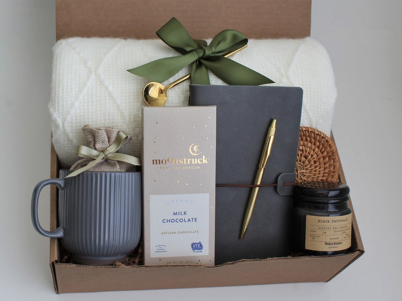 Thinking Of You Gift, Self Care Gift Box, Hygge Gift Box, Cozy Gift Box, Box Of Sunshine, Hug In A Box, Sending A Hug, Comfort Gift Basket GrayRibMug Blanket