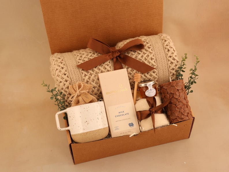 Hygge Gift Box for Her, Self Care, Birthday Get Well Candle Tea Chocolate BrownFloralPilarCand