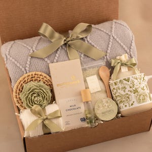 Hygge Gift Box for Her, Self Care, Birthday Get Well Candle Tea Chocolate GrayGreenPeonyCandl