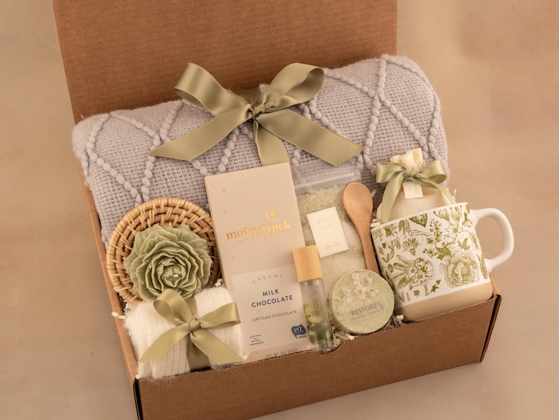 Hygge Gift Box for Her, Self Care, Birthday Get Well Candle Tea Chocolate GrayGreenPeonyCandl