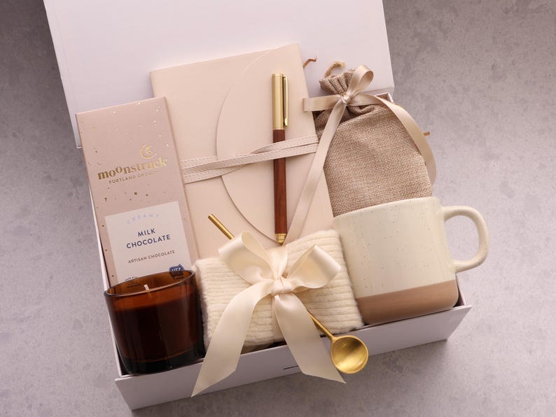 Self Care Gift Box, Cozy Package For Her, Tea Lover Gift, Sending Hugs Basket BeigeJournaBrownCand