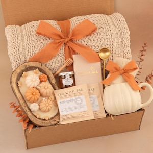 Hug in a Box, Comfort Care Package for Women, Cozy Gift Basket FallWhiteOrangeCandl