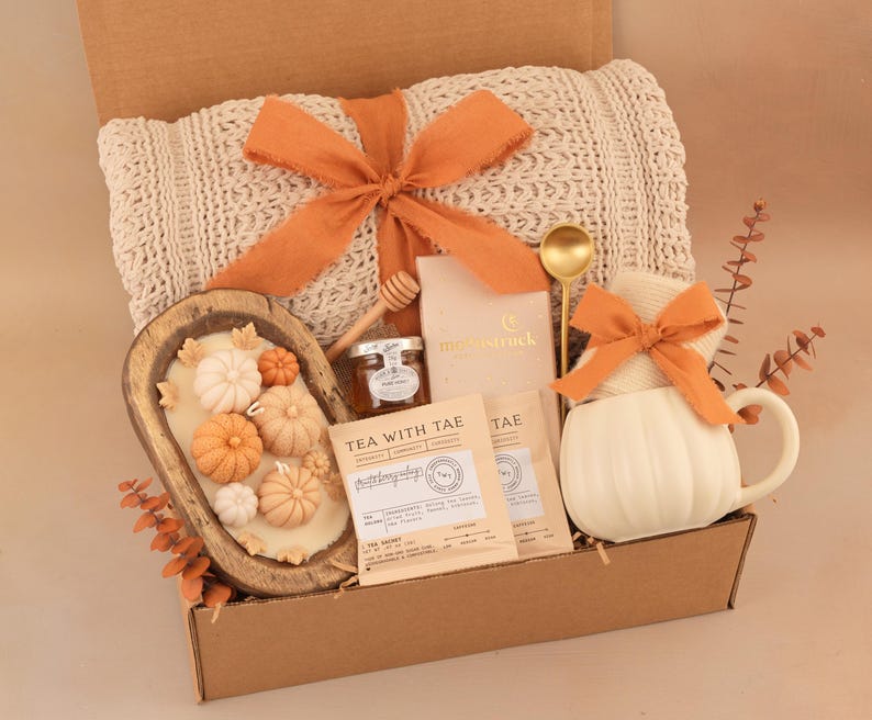 Hug in a Box, Comfort Care Package for Women, Cozy Gift Basket FallWhiteOrangeCandl