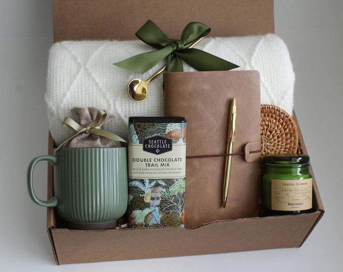 Self Care Gift Box, Cozy Blanket, Mug, Chocolate, Candle, Journal, Tea