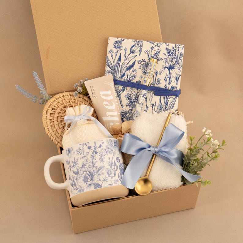 Hygge Gift Box for Her, Self Care, Birthday Get Well Candle Tea Chocolate BlueFloralJournl S
