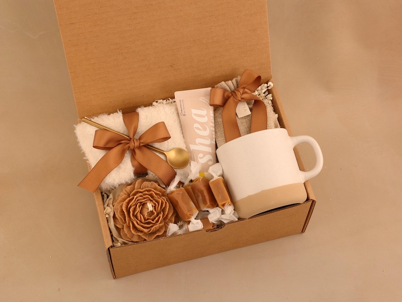 Hygge Gift Box for Her, Self Care, Birthday Get Well Candle Tea Chocolate BrownPeonyCandle S