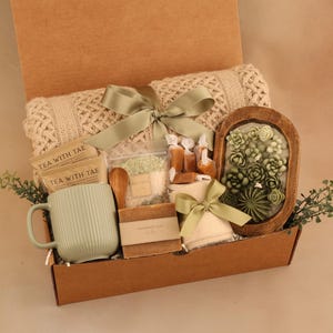 Hygge Gift Box for Her, Self Care, Birthday Get Well Candle Tea Chocolate BrownGreenSpaWood