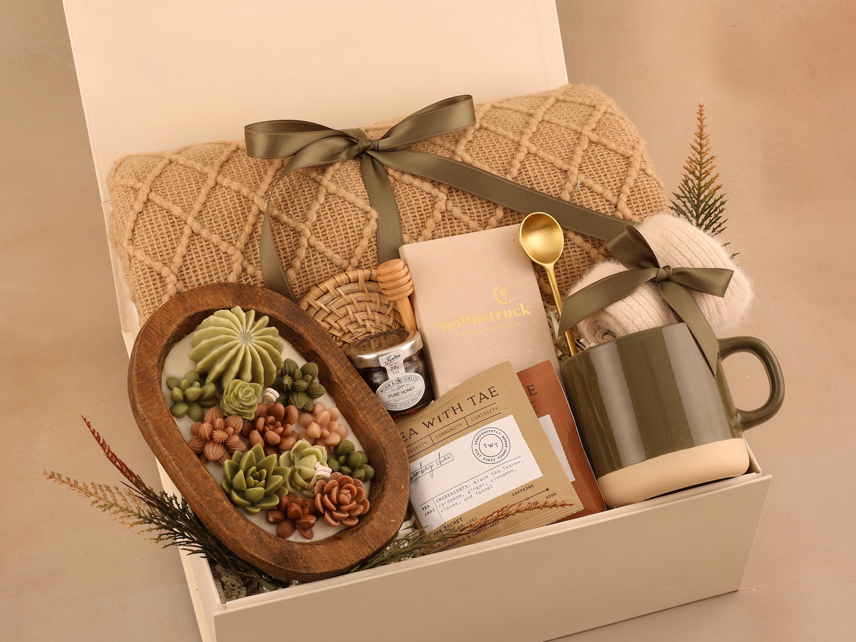 Mothers Day Gift Basket, Cozy Tea, Chocolate, Candle, Mug