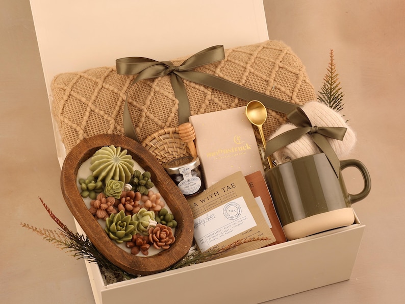 Personalized Gift For Women, Tea Gift Set, Custom Spa Gift Basket, Care Package For Her, Self Care Gift Box, Thank You Gift, Birthday Box SucculentWoodCandle