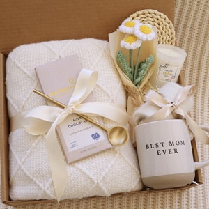 Cesta de regalo de spa para mimos del Día de la Madre, Caja de regalo personalizada del Día de la Madre, Regalo del Día de la Madre, Paquete de cuidado para ella Daisy Flower Blanket