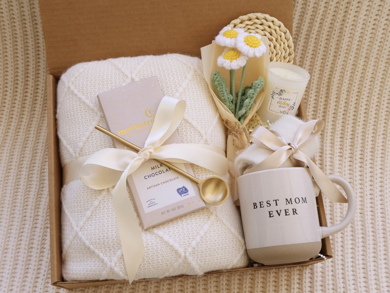 Cesta de regalo de spa para mimos del Día de la Madre, Caja de regalo personalizada del Día de la Madre, Regalo del Día de la Madre, Paquete de cuidado para ella Daisy Flower Blanket